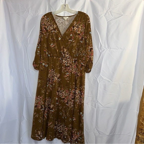 Brown dress flowers 1X 16-18W fall winter ruched sleeves faux wrap v neck floral - Picture 5 of 14